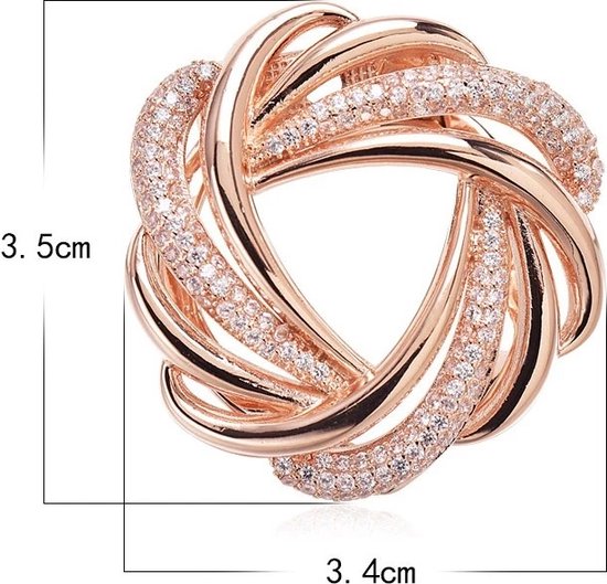 Clip d'écharpe or rose avec bandes torsadées ornées de strass. Dimensions 3.5cm et 3.4cm affichées.