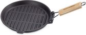 Grillpan van gietijzer met grillstrip met houten handvat, zwart Vertaling: Gietijzeren grillpan met grillstrepen en houten handvat, zwart.