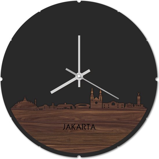 Skyline Klok Rond Jakarta Notenhout - Ø 44 cm - Stil uurwerk - Wanddecoratie - Meer steden beschikbaar - Woonkamer idee - Woondecoratie - City Art - Steden kunst - Cadeau voor hem - Cadeau voor haar - Jubileum - Trouwerij - Housewarming -