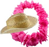 Carnaval verkleed set - Tropische Hawaii party - stro beach hoed - met volle bloemenslinger roze - volwassenen