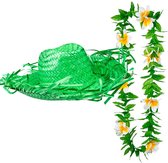 Carnaval verkleed set - Tropische Hawaii party - stro hoed groen - met bloemenslinger groen/wit - volwassenen