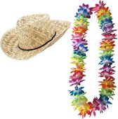 Ensemble de déguisement de party tropicale hawaïenne - chapeau de paille - et couronne de fleurs à lumières LED - pour adultes
