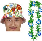 Carnaval verkleed set - Tropische Hawaii party - bucket hoedje - bloemenslinger groen/blauw - volwassenen