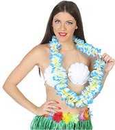 Toppers in concert - Atosa Hawaii krans/slinger - Tropische kleuren mix blauw/wit - Bloemen hals slingers - verkleed party accessoires