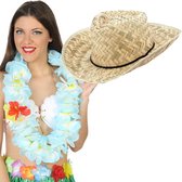 Toppers - Carnaval verkleed set - Tropische Hawaii party - strohoed - met volle bloemenslinger in lichtblauw - voor volwassenen