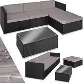 tectake® - wicker lounge inclusief zitkussens, rugkussens en glazen tafel, balkonmeubel, lounge tuinmeubelset voor terras, balkon of tuin - zwart/grijs - poly-rattan