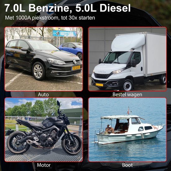 Illustratie van voertuigen geschikt voor jumpstarter: auto, bestelwagen, motor en boot.