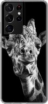Geschikt voor Samsung Galaxy S21 Ultra hoesje - Giraffe tegen zwarte achtergrond in zwart-wit - Siliconen Telefoonhoesje