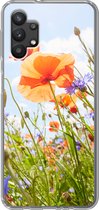 Geschikt voor Samsung Galaxy A32 5G hoesje - Bloemen - Klaproos - Lente - Natuur - Rood - Blauw - Siliconen Telefoonhoesje