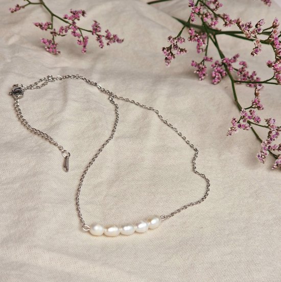 Collier de perles - Collier argent avec barrette de perles - Collier femme Argent - Acier inoxydable - Plaqué Rhodium -