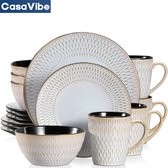CasaVibe Luxe Serviesset – 16 delig – 4 persoons – Porselein - Bordenset – Dinner platen – Dessertborden - Kommen - Mokken - Set - Grijs - Pluvo