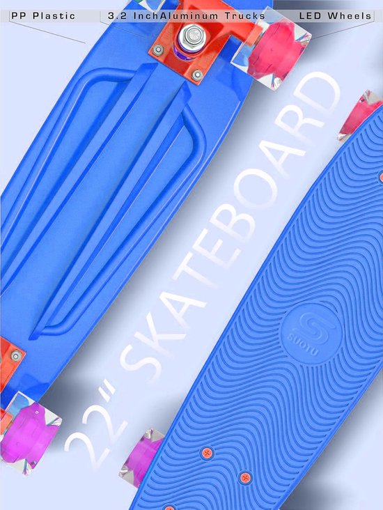 Suotu Skateboard - Skateboard Jongens - Wielen met LED-verlichting - Tot 50 kg - Skateboard Meisjes - Skateboard Volwassenen - Blauw - Cadeau
