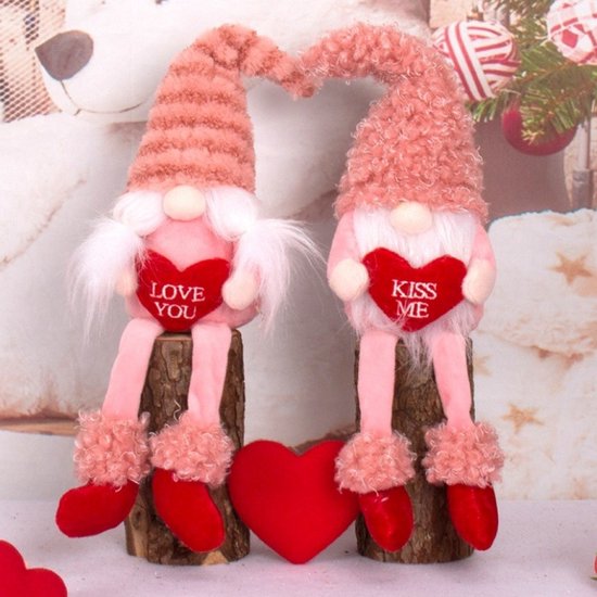 Koppel Kabouter - Koppel Gnome - Mascotte met hart & het opschrift "Kiss Me" - een roze boucléhoed Perfect als Valentijnsdagcadeau voor een geliefde - 2 stuks
