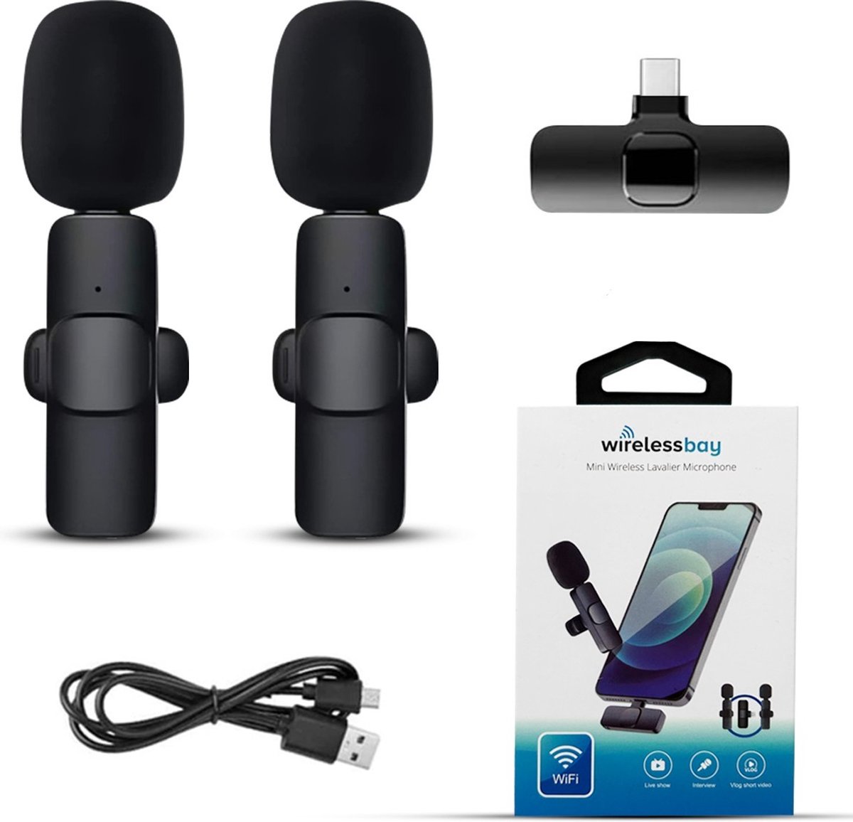 Wireless Bay 2x Draadloze Dasspeld Microfoon - Geschikt voor USB C - Plug en Play - Lavalier Microfoon - Zwart
