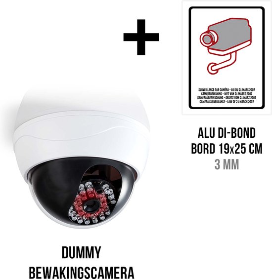Pack Caméra de Sécurité Factice + Icône " Législation Surveillance par caméra Mars 2007" en aluminium | Boîtier étanche pour une utilisation en extérieur | incl. Piles AA