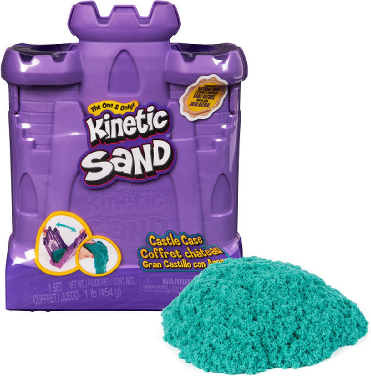 Kinetic Sand - Zandkasteel Speelkoffertje met 453 g blauwgroen speelzand - multifunctioneel speelvak en opbergbak - Sensorisch speelgoed