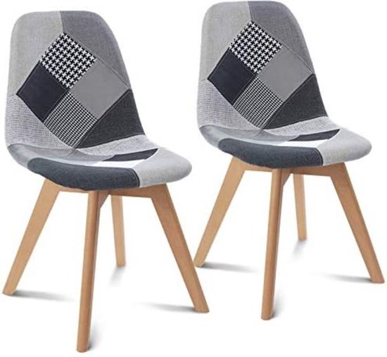 2 stoelen SARA met patchwork-motief, zwart, grijs en wit