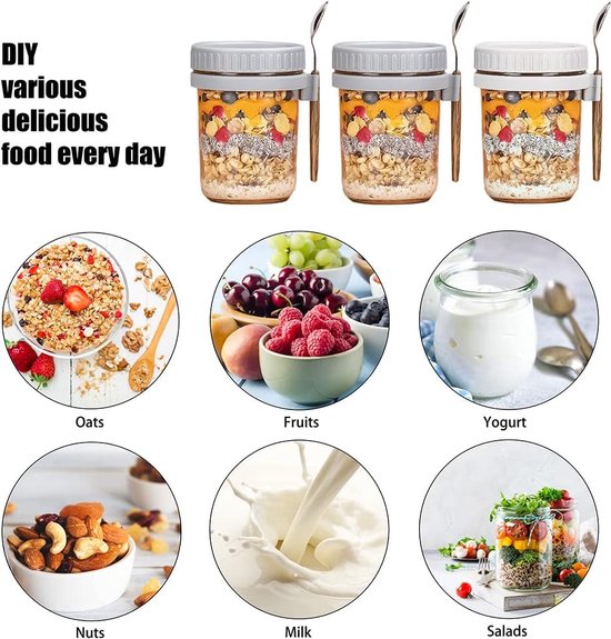 VL Yoghurtpotten, herbruikbare havercontainer voor overnachting met lepel en vork, BPA-vrije ontbijtpotten om mee te gaan, muesli ontbijtgranen onderweg, vaatwasmachinebestendig, lunchbox