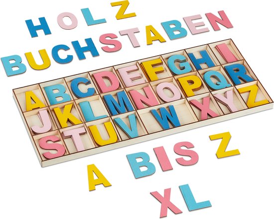 Relaxdays houten letters - 104-delig - gekleurd - decoratie - 5 cm - alfabet letters