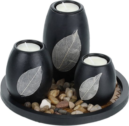 Photophores Relaxdays avec pierres décoratives - photophores noirs - décoration de table