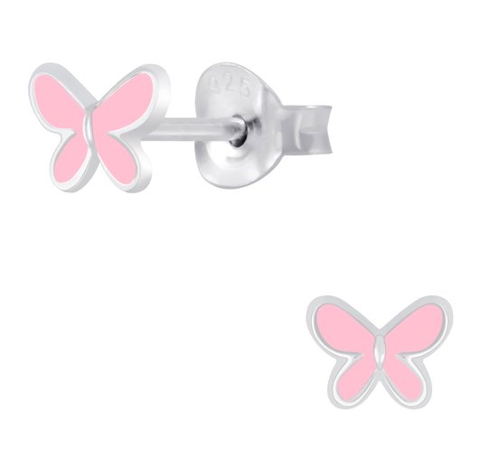 Joie|S - Boucles d'oreilles petit papillon argenté - rose - 6 mm - boucles d'oreilles enfant