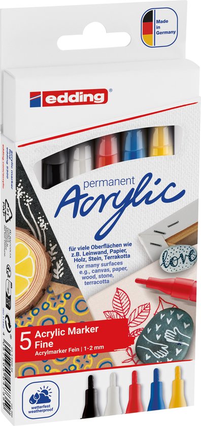 Marqueurs peinture acrylique edding 5300 - 5 couleurs de base de marqueurs acryliques - pointe ronde - 1-2 mm - noir, rouge signalisation, bleu gentiane, jaune soleil et blanc signalisation - Encre waterproof