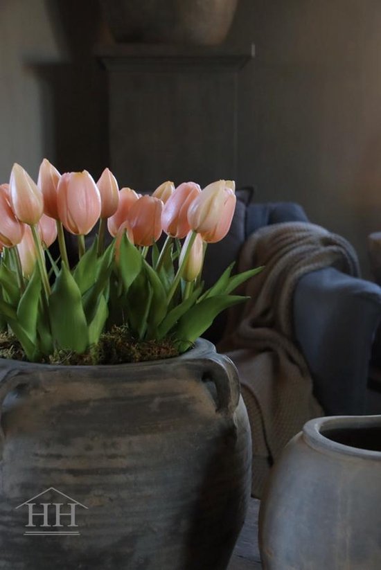 Kunst tulpen | in potje | licht roze | 5 stelen | kunstbloemen | real touch tulpen | kunstboeket | nep tulpen