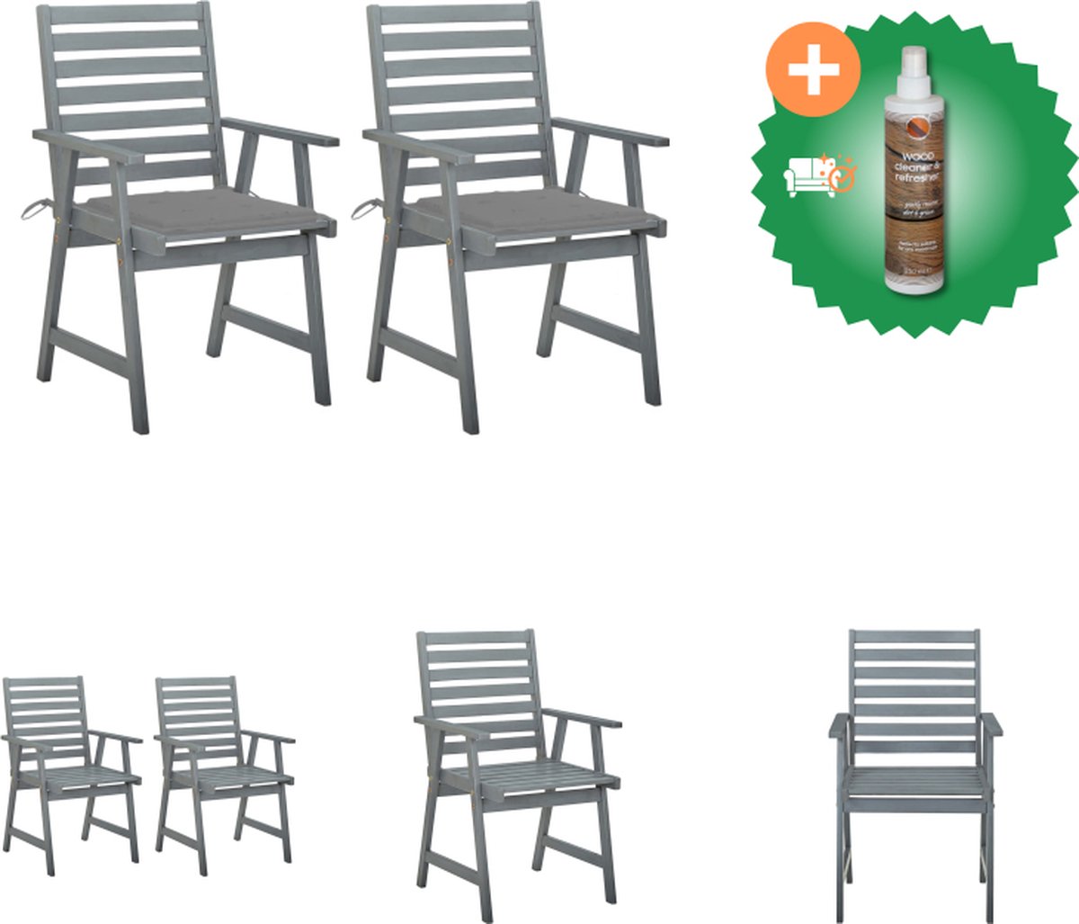 VidaXL Eetstoelen Acaciahout Grijs kussen 56x62x92 cm Waterdicht kussen Tuinstoel Inclusief Houtreiniger en verfrisser