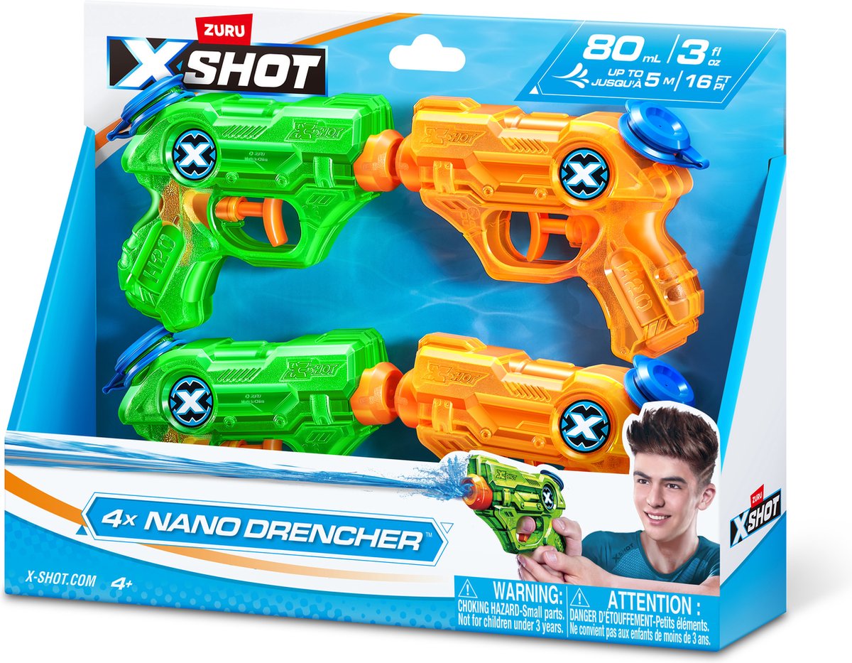 XSHOT ZURU Water Warfare Nano Drencher Water Blaster (4 stuks) Waterpistool 80ml