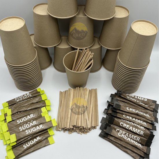 Foto: Kurtt koffiebekers combideal 1000x koffiebekers 200ml 1000x roerstaafjes 140mm 1000x suikersticks 1000x creamersticks ideaal voor kantoor werkplaats