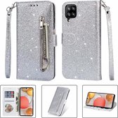 Portemonnee Hoesje - Wallet Case - Rits Sparkly Glitter - Telefoonhoes met Kord Geschikt voor: Samsung Galaxy A12 & Galaxy M12 - Zilver