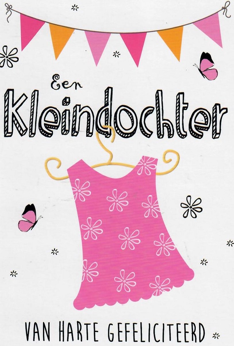 Een kleindochter! Van harte gefeliciteerd! Een leuke kaart met vlaggetjes in de lucht en kleding op een hanger. Een leuke kaart om zo te geven of om bij een cadeau te voegen. Een dubbele wenskaart inclusief envelop en in folie verpakt.