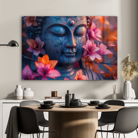 MuchoWow® Glasschilderij 120x80 cm - Schilderij acrylglas - Boeddha - Portret - Bloemen - Buddha - Beeld - Foto op glas - Muurdecoratie woonkamer - Wanddecoratie slaapkamer - Schilderijen
