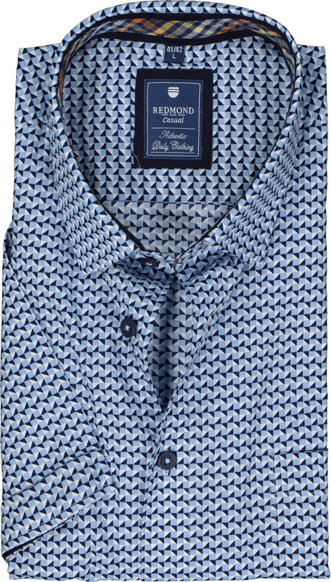 Redmond regular fit overhemd - korte mouw - popeline - blauw dessin - Strijkvriendelijk - Boordmaat:
