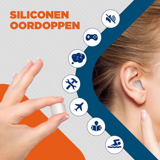 Vrouw met lichtgrijze SleepCore oordopjes in haar oor. Hand houdt een wit oordopje vast. Icons voor studeren, slapen, reizen.