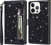 Portemonnee Hoesje - Wallet Case - Rits Sparkly Glitter - Telefoonhoes met Kord Geschikt voor: Apple iPhone 15 Pro - Zwart