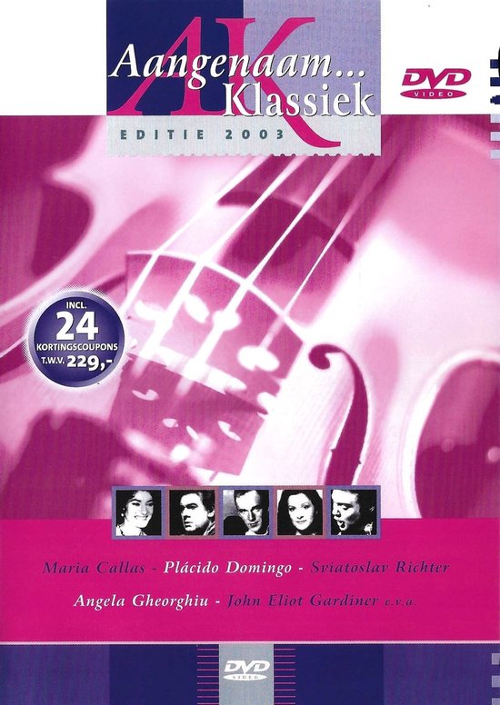 DVD hoes Aangenaam Klassiek 2003 met paarse en roze tinten. Close-up van viool, vijf portretten van musici en tekst.