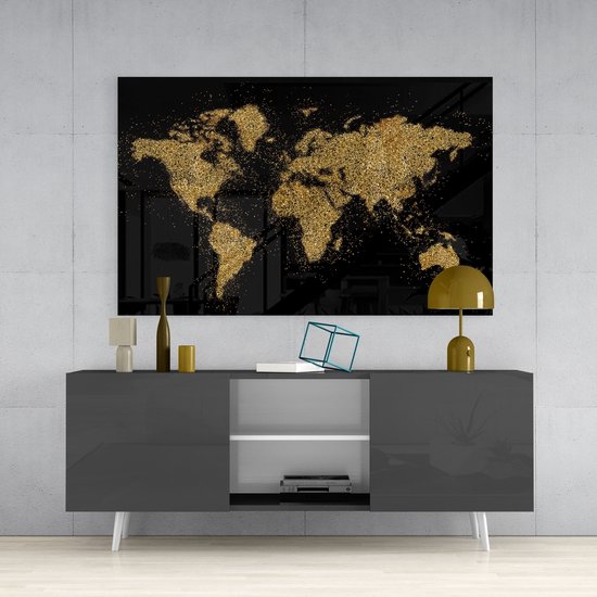 Glasschilderij - Abstract - Wereldkaart - Goud - Schilderijen - 110x70 cm - 4 mm