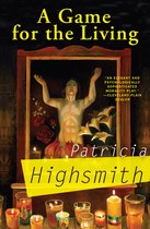 Boekomslag van "A Game for the Living" met "An elegant and psychologically sophisticated morality play" door Patricia Highsmith. Een schilderij van een naakte figuur met armen omhoog boven een altaar met kaarsen.