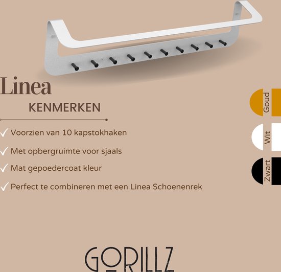 Portemanteau Linea blanc avec 10 patères et une étagère. Disponible en or, blanc et noir.