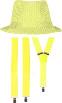 Carnaval verkleedset Partyman - glitter hoedje en bretels - neon geel - heren - verkleedkleding