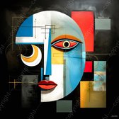 JJ-Art (Glas) 80x80 | Man, vrouw, gezicht, abstract, kubisme, Picasso stijl, kunst | mens, oog, lippen, rood, geel, blauw, zwart, wit, modern, vierkant | Foto-schilderij-glasschilderij-acrylglas-acrylaat-wanddecoratie