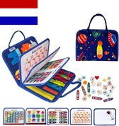 Rocco Mundo - Doetasje - Nederlands - Busy Board - Activiteitenbord - Speelgoed - Educatief - Montessori - Sensorisch - Motoriek - 8 Pagina's - Met whiteboard en stiften - Blauw