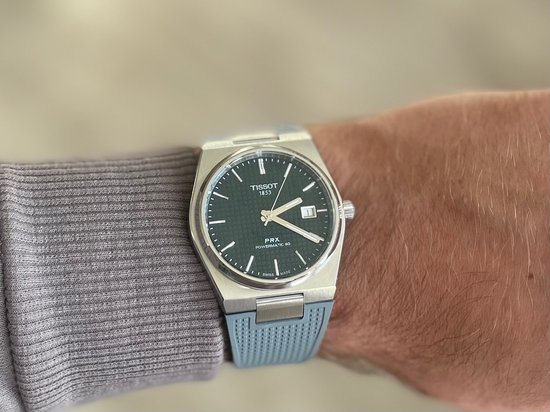 Solid link rubber watch strap Grey for Tissot PRX 40mm - Solide schakel rubber horloge band met grijs quick release trekker