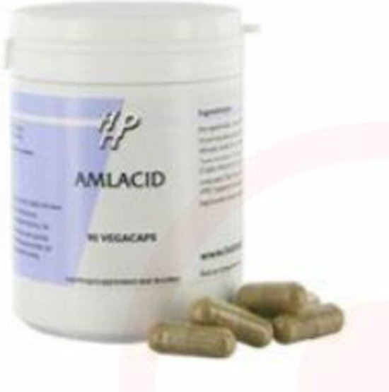 Witte pot met label "AMACID" en 90 vegecaps. Losse capsules op de voorgrond.