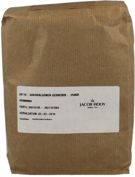 Bruine papieren zak met een wit etiket. Bevat 250 gr Jacob Hooy Goudsbloemen Gesneden.