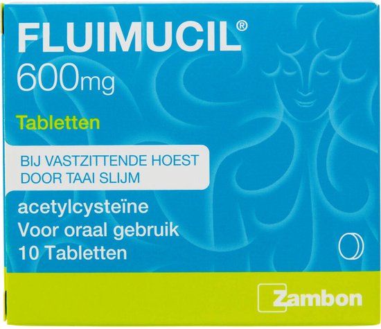 Fluimucil 600mg tabletten verpakking. Blauwe doos met witte tekst. Bevat 10 tabletten.