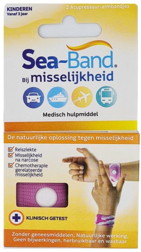 Gele verpakking met Sea-Band logo, 2 roze acupressuur-armbandjes, medisch hulpmiddel bij misselijkheid.