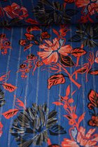 Viscose met lurex blauw met rode bloemen 1 meter - modestoffen voor naaien - stoffen Stoffenboetiek