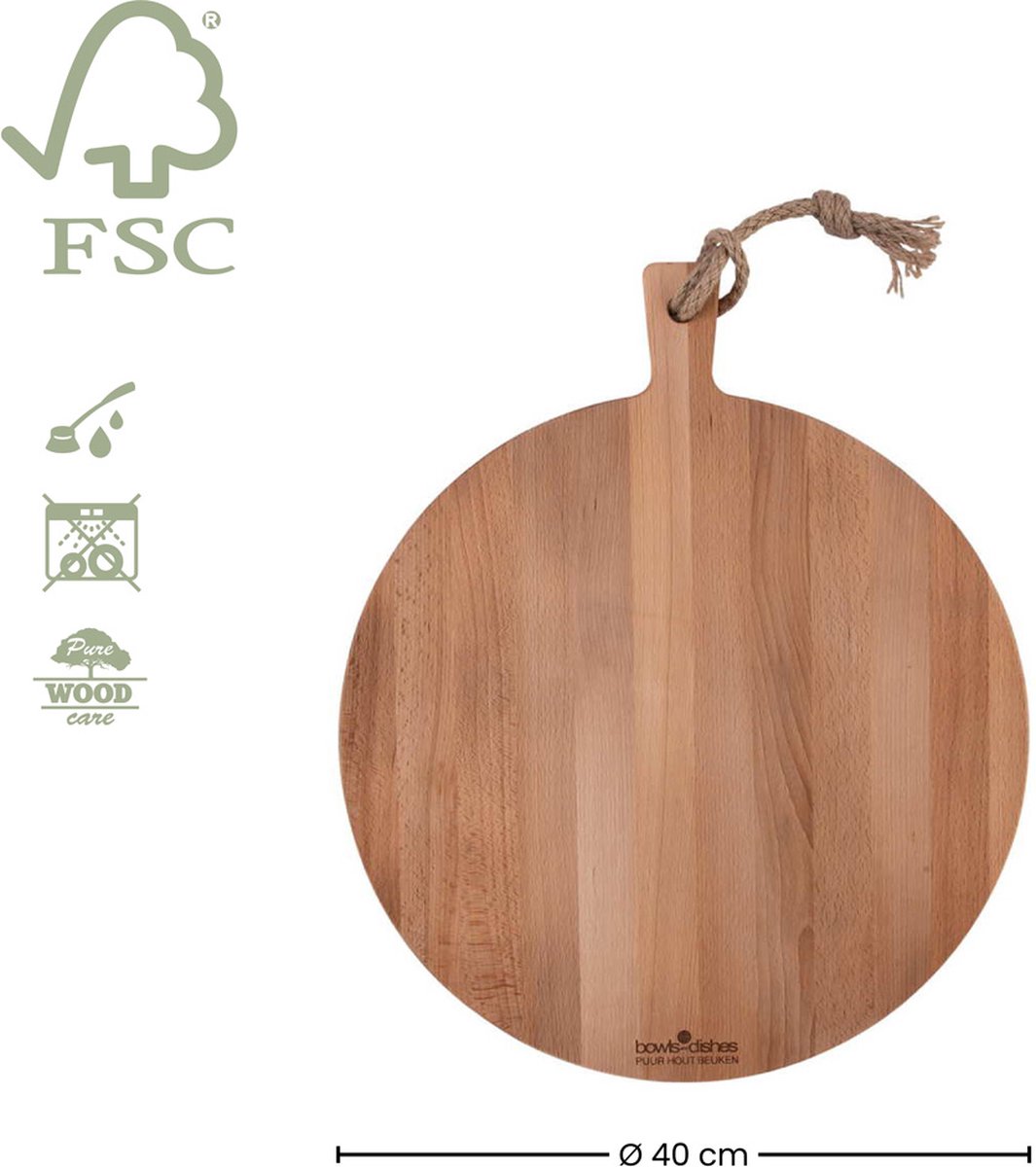 Bowls and Dishes | Puur Hout | Duurzaam | Beuken Borrelplank | Tapasplank | Serveerplank rond | Pizzaplank Ø 40 x 2 cm — cadeau in Kookcadeaus - foto 5